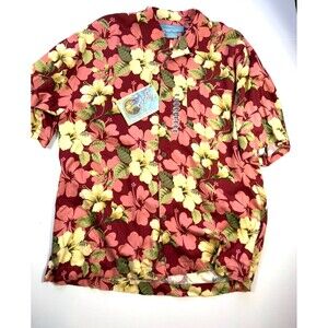 NEW Bermuda Bay Men's Large Hawaiian Shirt - Red Hibiscus Floral Rayon Tropical